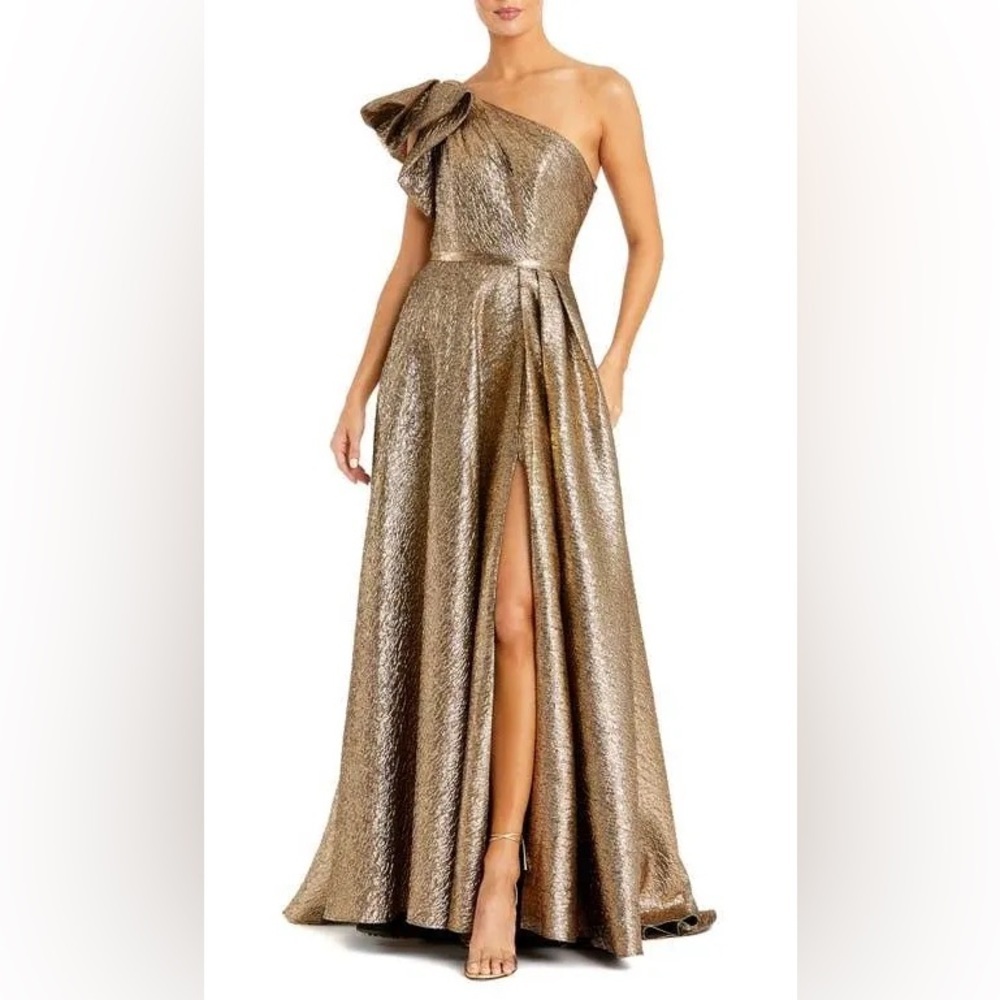 MAC DUGGAL 67297 ONE SHOULDER METALLIC ANTIQUE BRONZE BALL-GOWN sz 6